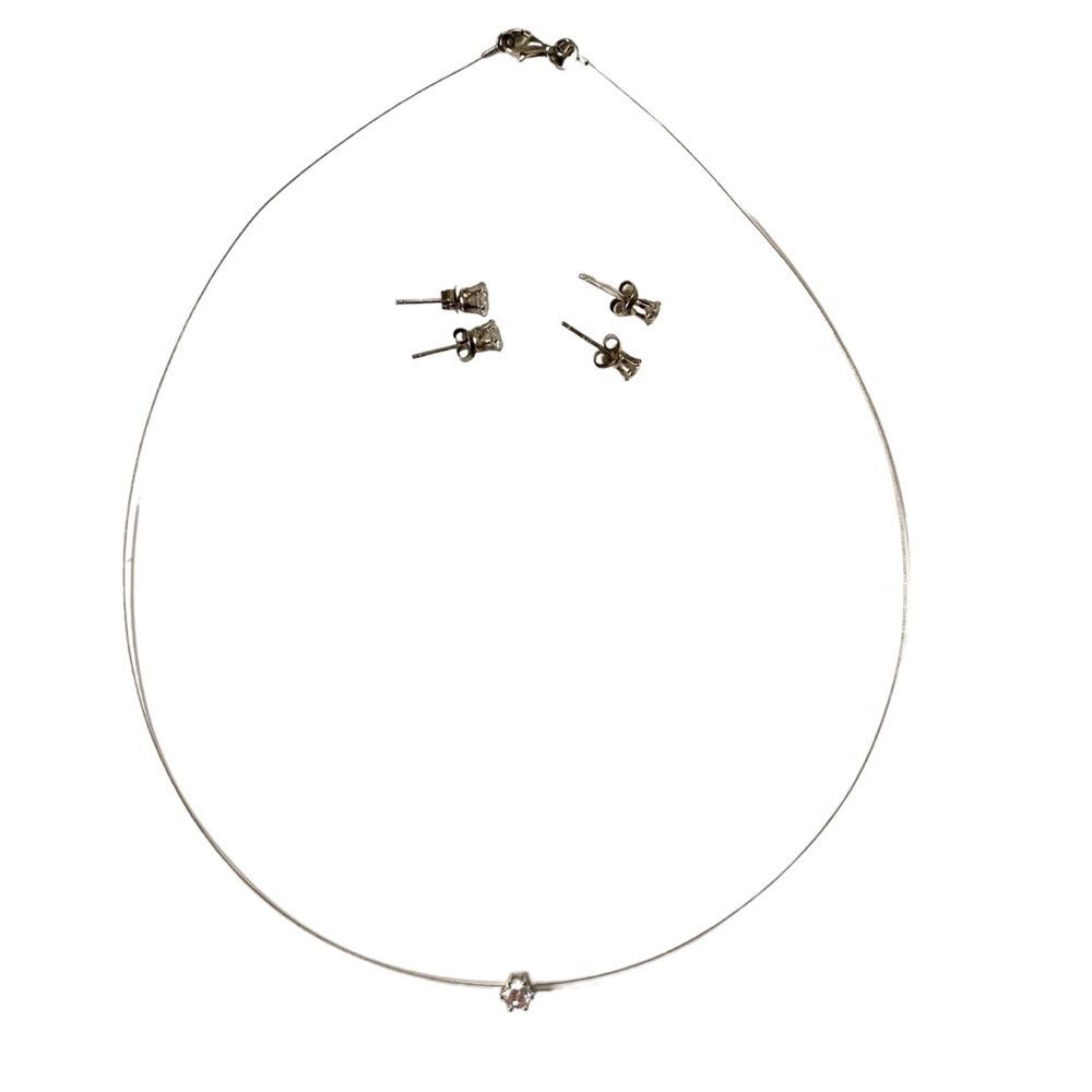 Minimalist Silver Jewel Necklace Stud Earring Set Dainty Elegant Matching Jewel
